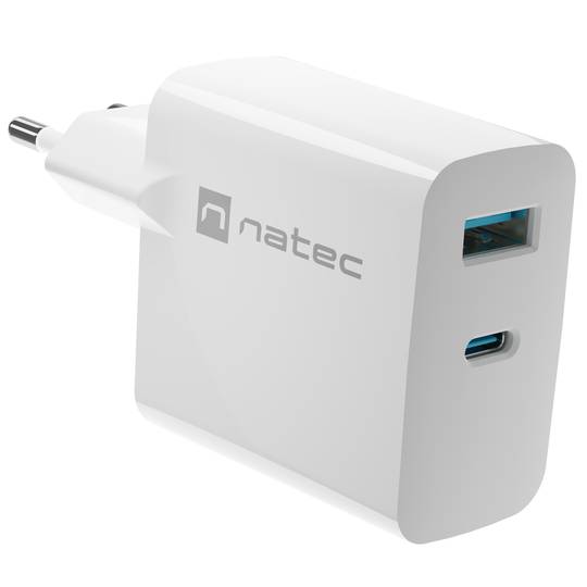 Natec Ribera GaN USB-lader 1X USB-A + 1X USB-C 65W wit NUC-2144