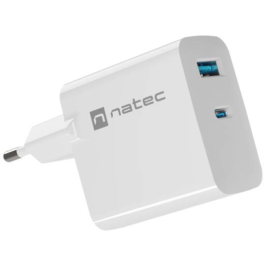 Natec Ribera GaN USB-lader 1X USB-A + 1X USB-C 65W wit NUC-2144