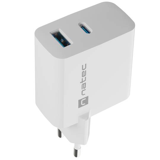 Natec Ribera GaN USB-lader 1X USB-A + 1X USB-C 65W wit NUC-2144