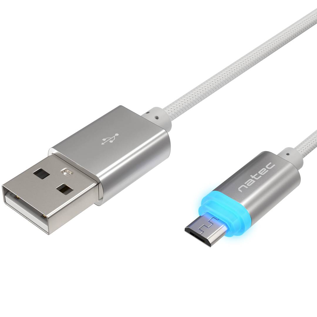 Cabo adaptador USB micro USB macho para USB-A macho 2.0 1 m LED prata Natec Prati NKA-1209