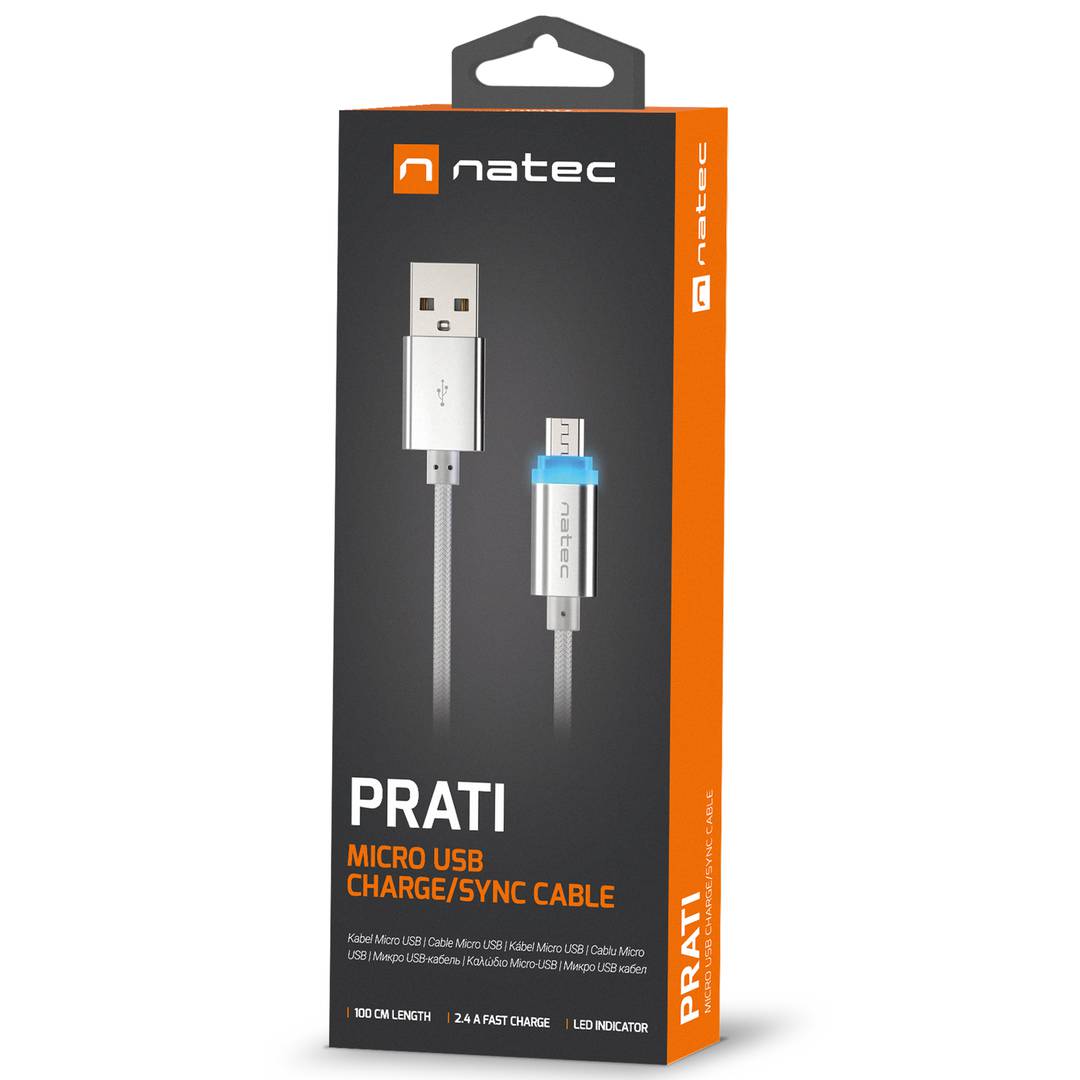 Cabo adaptador USB micro USB macho para USB-A macho 2.0 1 m LED prata Natec Prati NKA-1209