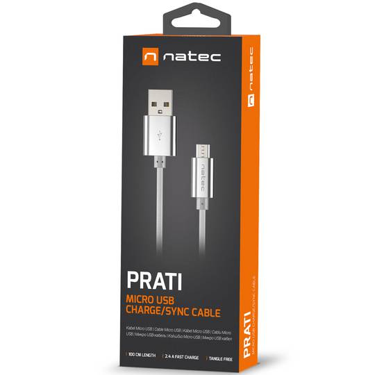 Cabo adaptador USB micro B macho para USB-A macho 2.0 1m nylon prata Natec Prati NKA-1211
