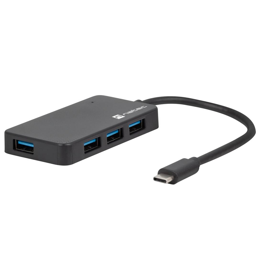 Hub USB-C 3.0 preto de 4 portas + adaptador USB-A Natec Silkworm NHU-1343