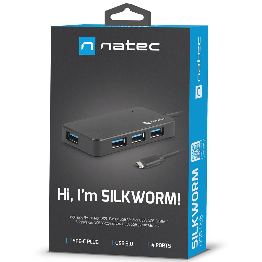 Hub USB-C 3.0 preto de 4 portas + adaptador USB-A Natec Silkworm NHU-1343