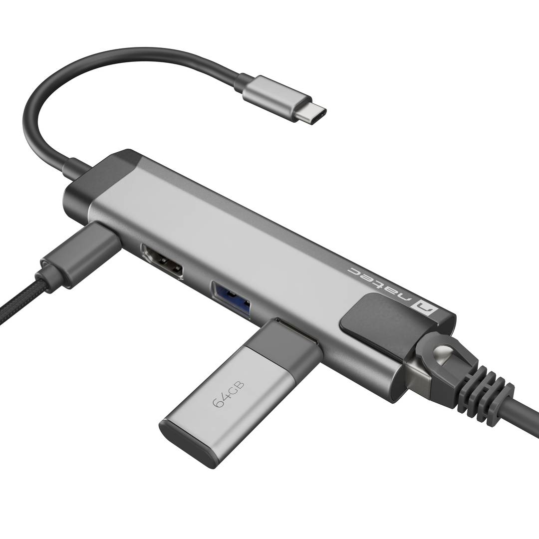Adaptador multipuerto 5 en 1 USB-C a 2X USB 3.0, HDMI 4K, USB-C PD, RJ45 Natec Fowler Go NMP-1985