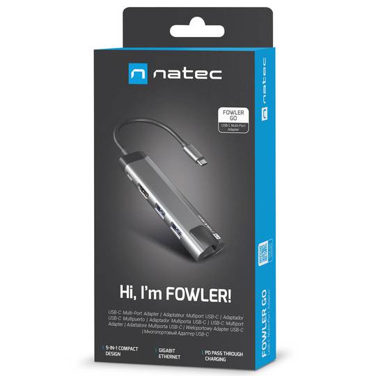 Adaptador multipuerto 5 en 1 USB-C a 2X USB 3.0, HDMI 4K, USB-C PD, RJ45 Natec Fowler Go NMP-1985