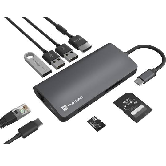 8 in 1 USB-C to 3X USB 3.0 multiport adapter, 4K HDMI, USB-C, RJ45, SD, Micro SD Natec Fowler 2 V2 NMP-2162