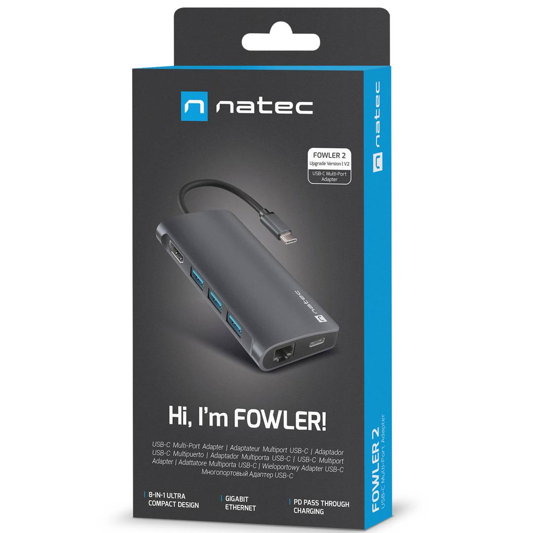 8 in 1 USB-C to 3X USB 3.0 multiport adapter, 4K HDMI, USB-C, RJ45, SD, Micro SD Natec Fowler 2 V2 NMP-2162
