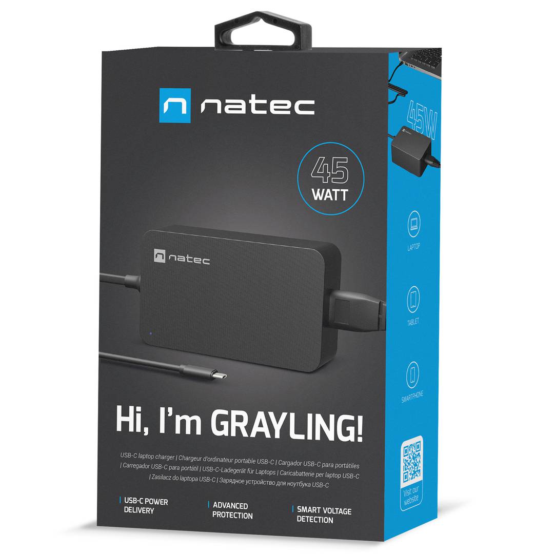 Cargador universal USB-C 45W para portátil smartphone o tablets Natec Grayling NZU-2033
