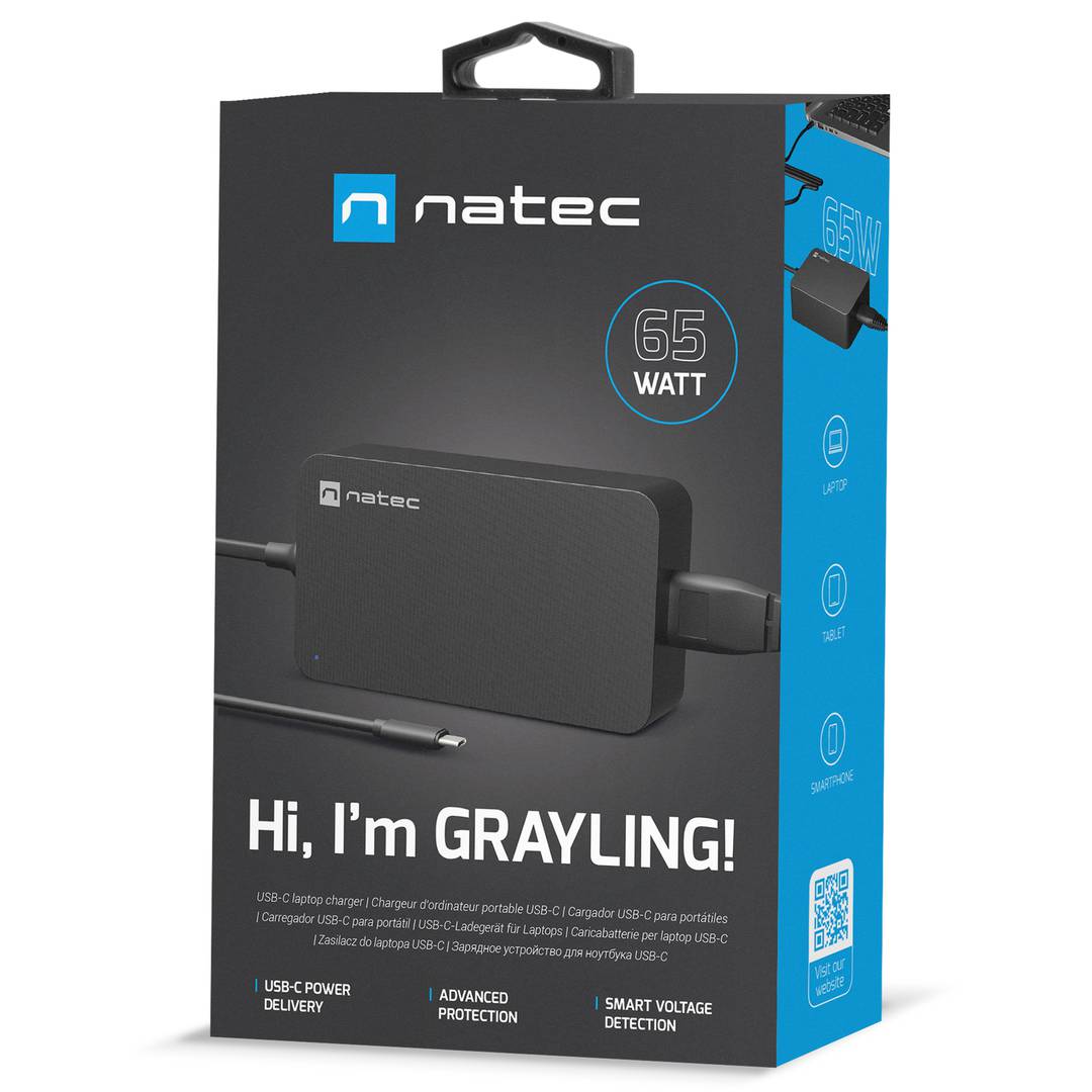 Chargeur universel USB-C 65W pour ordinateur portable, smartphone ou tablette Natec Grayling NZU-2034