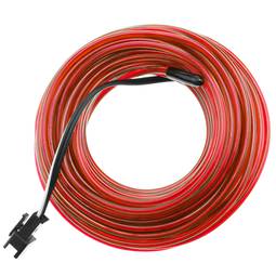 Czerwony kabel elektroluminescencyjny o długości 2,3 mm w cewce 10 m podłączony do 220 V prądu przemiennego