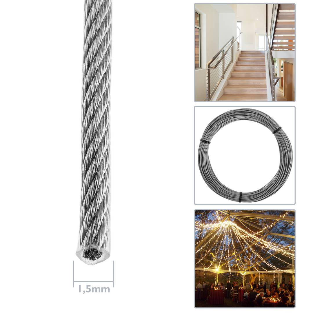 Stainless steel cable 1.5 mm. Reel of 100 m lenght. Transparent plastic coated