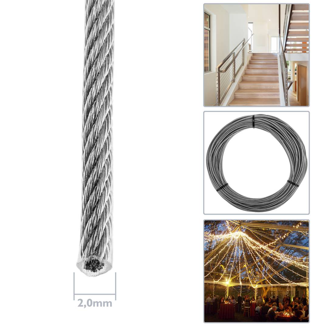 Stainless steel cable 2.0 mm. Reel of 100 m lenght. Transparent plastic coated