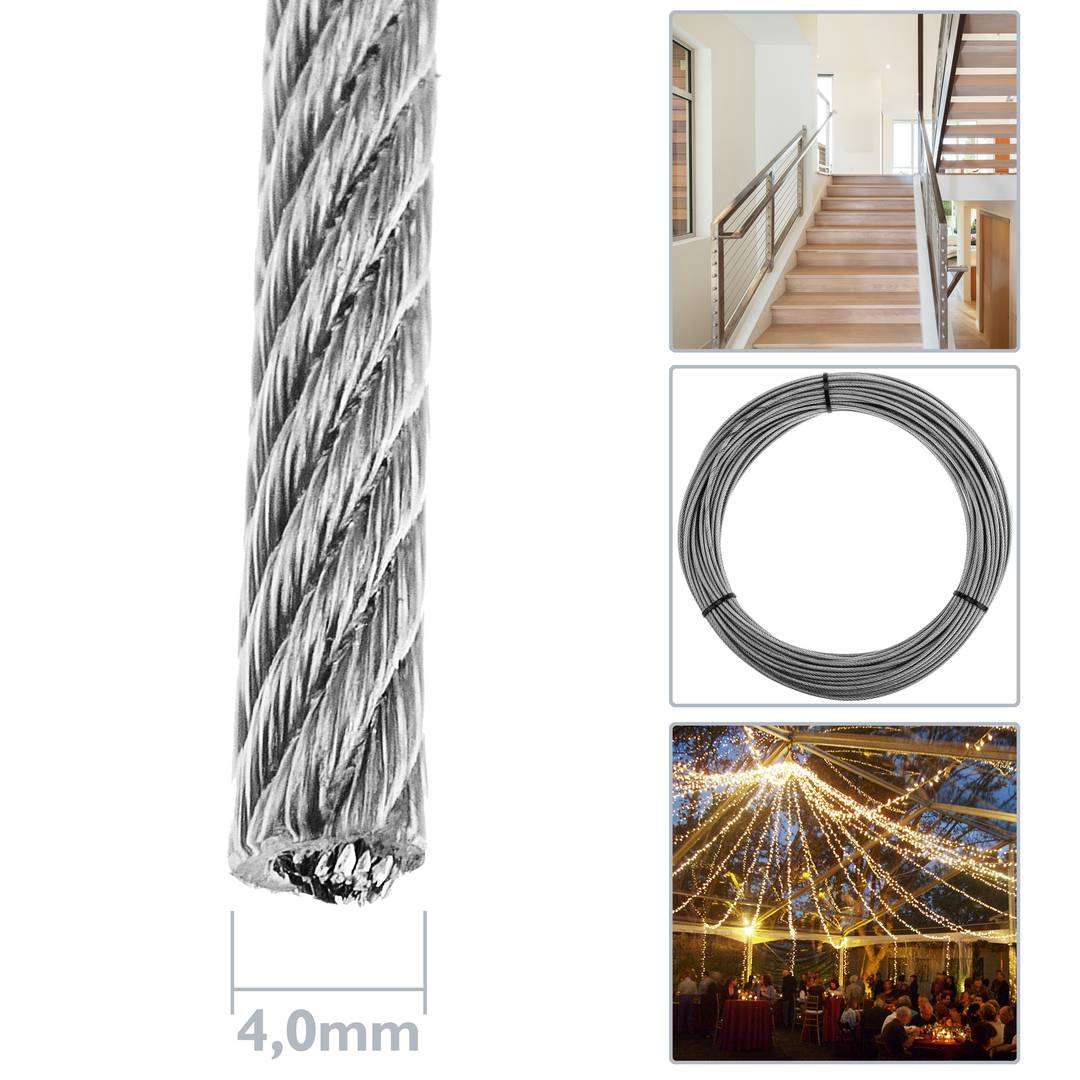 Cable d'acer inoxidable de 4,0 mm. Bobina de 25 m. Recobert de plàstic transparent