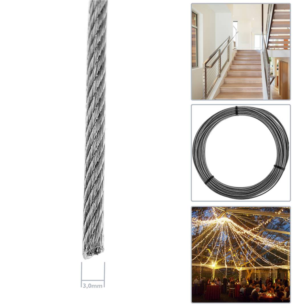 Cable d'acer inoxidable de 3,0 mm. Bobina de 25 m. Recobert de plàstic transparent