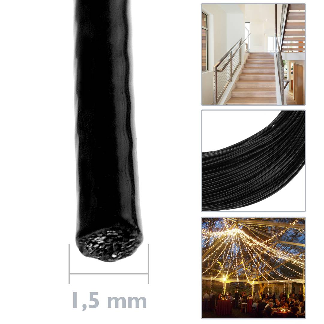 Cable d'acer inoxidable de 1,5 mm. Bobina de 100 m. Recobert de plàstic negre