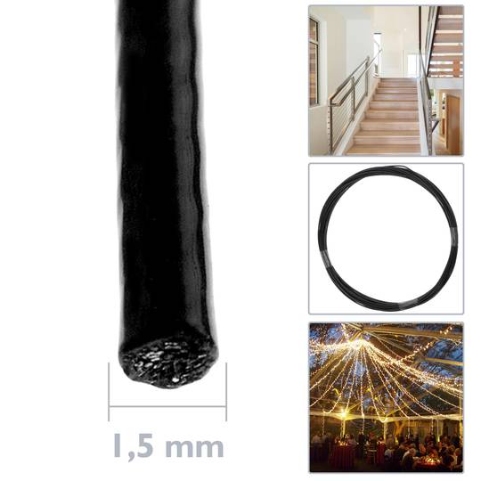 Câble en acier inoxydable 7x7 de 1,5 mm. Bobine de 10 m. PVC noir