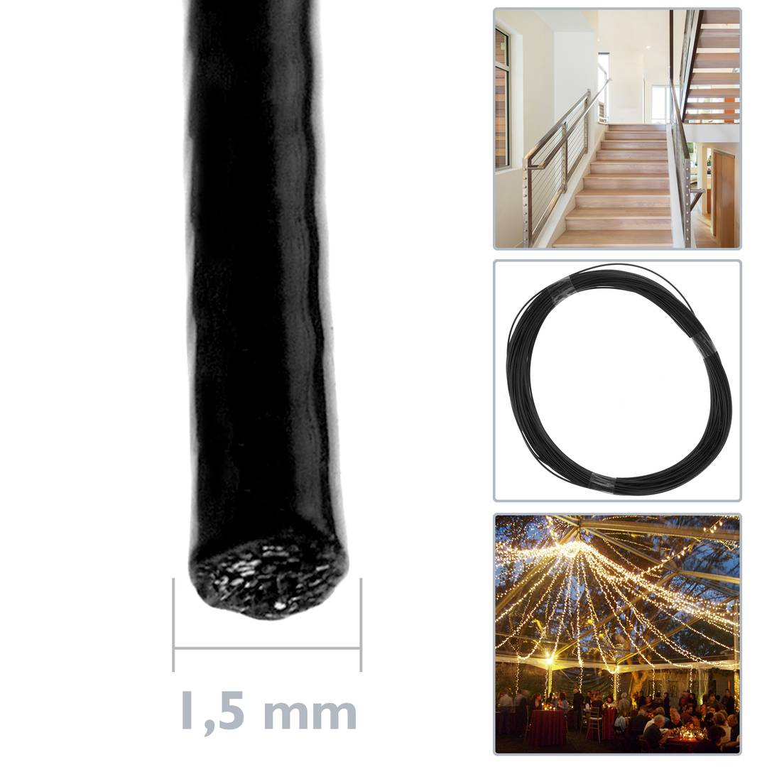 Cable d'acer inoxidable de 1,5 mm. Bobina de 25 m. Recobert de plàstic negre