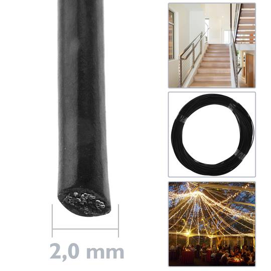 Cabo de aço inoxidável 7x7 de 2 mm. Bobina de 100 m. Revestido a PVC preto
