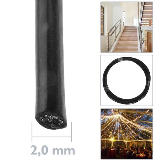Cabo de aço inoxidável 7x19 de 2 mm. Bobina de 25 m. Revestido a PVC preto