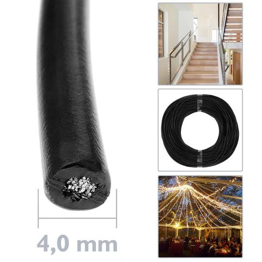 Cable d'acer inoxidable 7x7 de 4 mm. Bobina de 100 m. Recobert de PVC negre