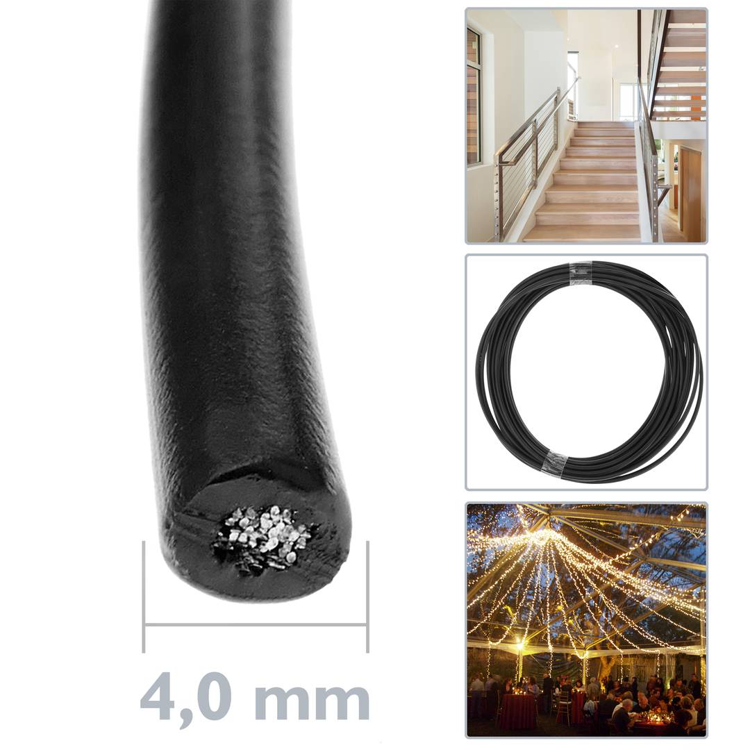Cable d'acer inoxidable de 4 mm. Bobina de 10 m. Recobert de plàstic negre