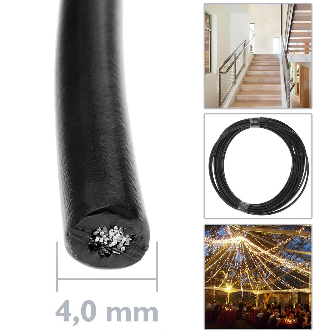 Cable d'acer inoxidable de 4 mm. Bobina de 25 m. Recobert de plàstic negre