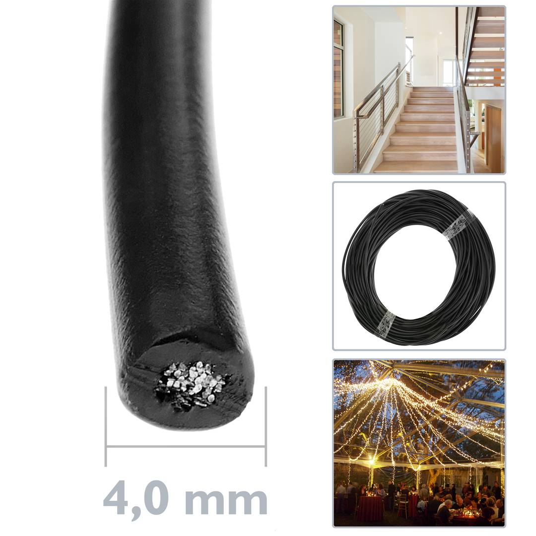 Cable d'acer inoxidable de 4 mm. Bobina de 50 m. Recobert de plàstic negre