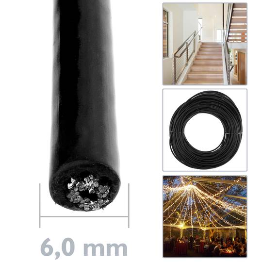 Stainless steel cable 7x7 6 mm. Reel of 100 m lenght. Black PVC coated