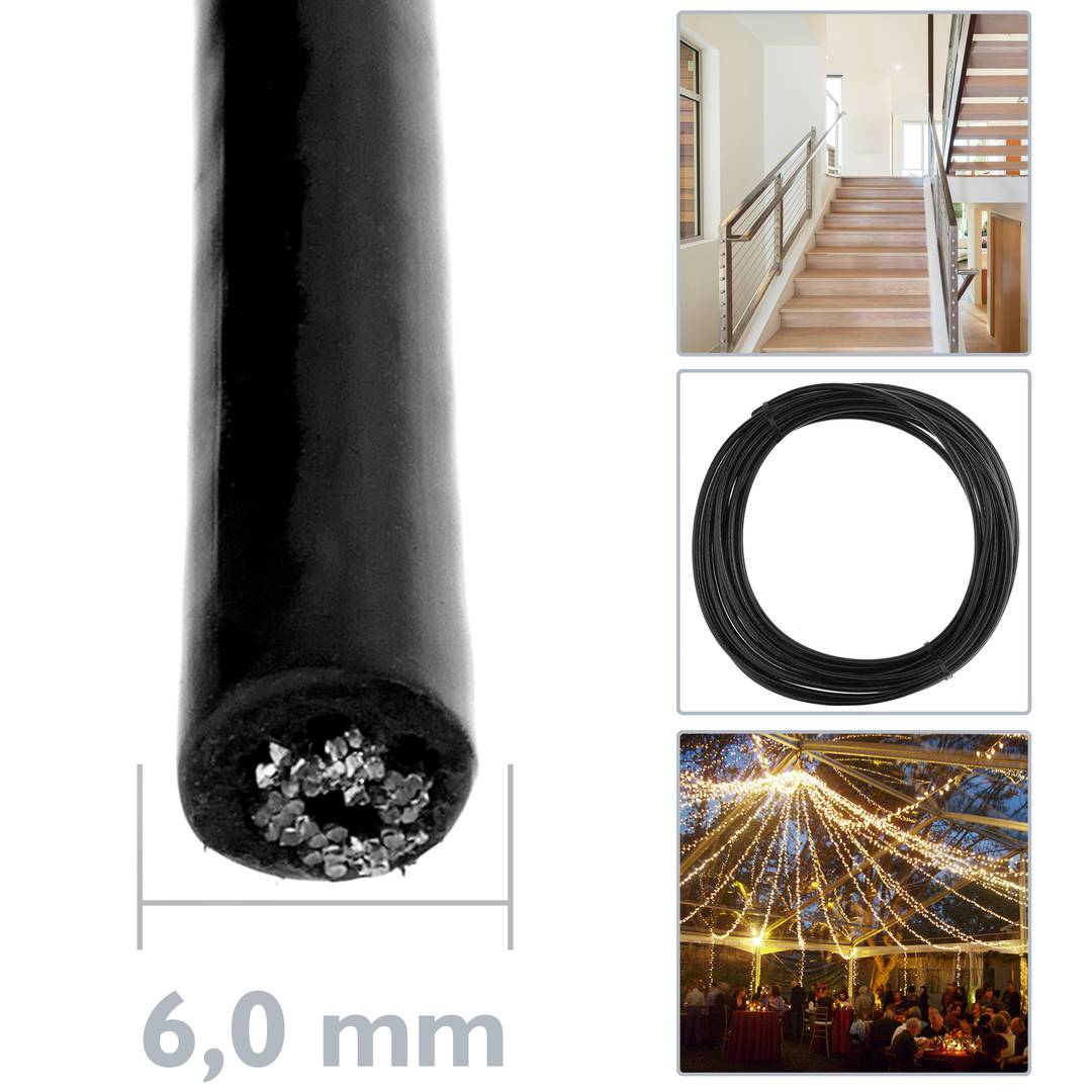 Cable d'acer inoxidable de 6 mm. Bobina de 25 m. Recobert de plàstic negre