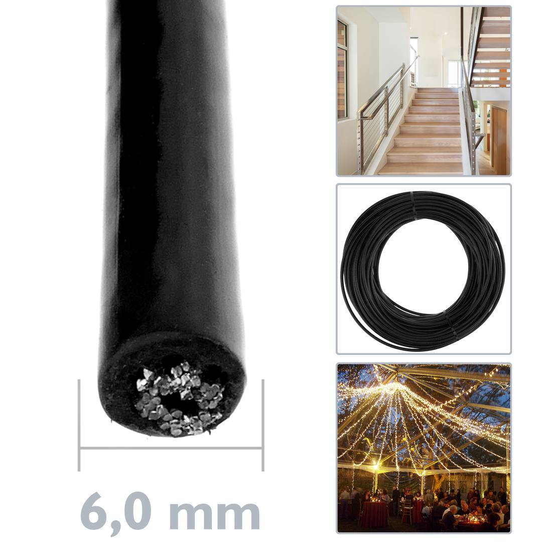 Cable d'acer inoxidable de 6 mm. Bobina de 50 m. Recobert de plàstic negre