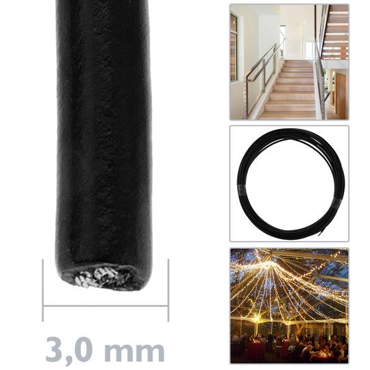 Stainless steel cable 7x7 3 mm. Reel of 100 m lenght. Black PVC coated