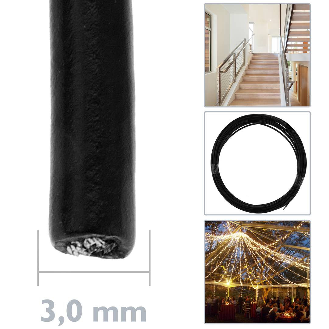 Cable de acero inoxidable de 3 mm. Bobina de 10 m. Recubierto de plástico negro
