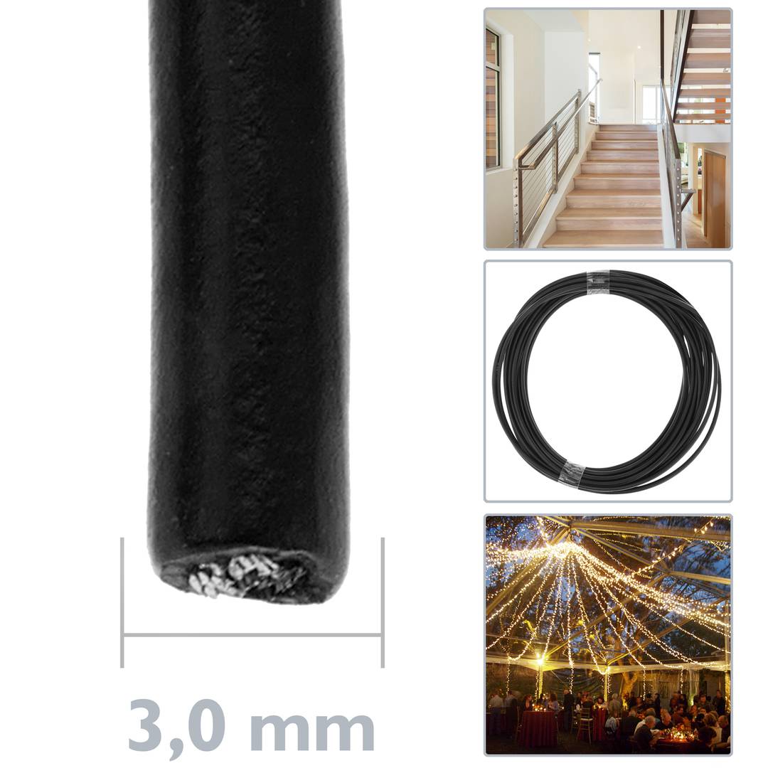 Cable d'acer inoxidable de 3 mm. Bobina de 25 m. Recobert de plàstic negre