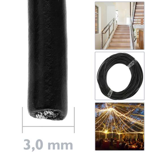 Stainless steel cable 7x7 3 mm. Reel of 50 m lenght. Black PVC coated