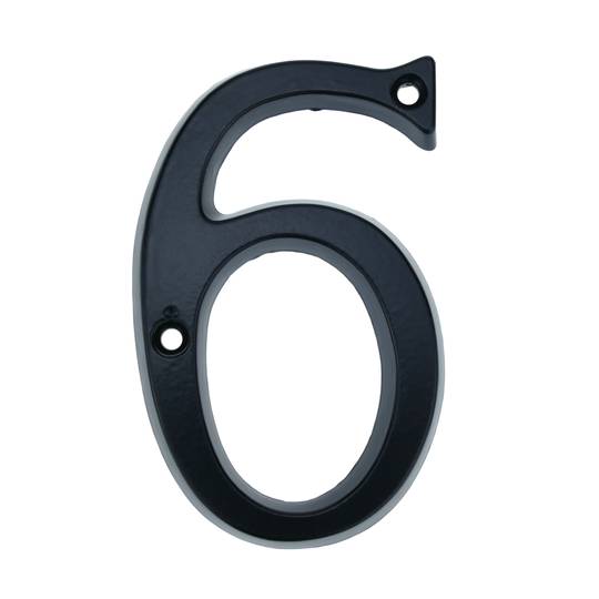Número 6 em metal preto 95mm com parafusos para a rotulagem