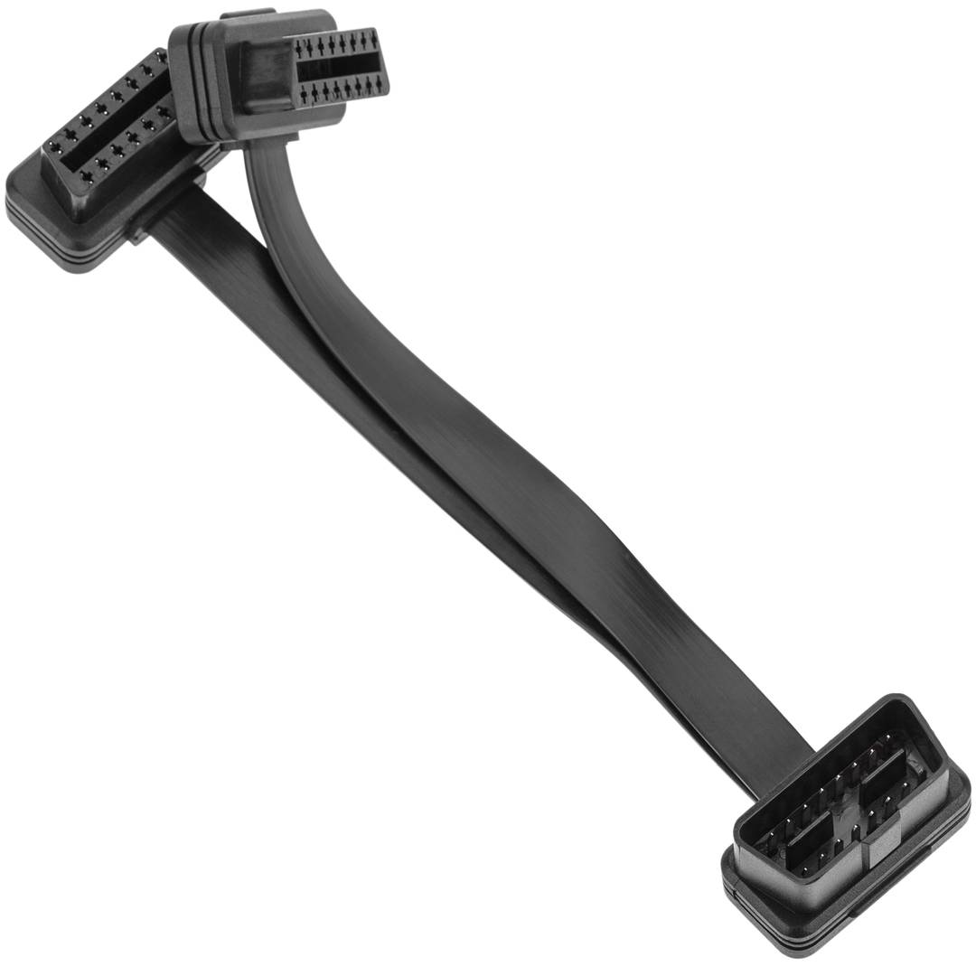 Cabo de extensão OBD2 plano 16 pinos macho para duplo fêmea 90º e 21 cm