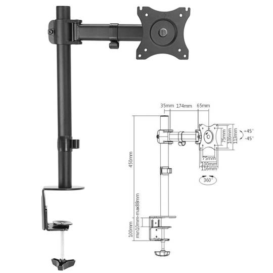 Soutien de moniteur avec bras articulé et mât pour bureau LCD VESA75 VESA100
