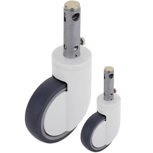 Rodes pivotants de control central de metall, TPU i ABS per a llit mèdic, subjecció tipus planç buit, 125x32x158mm 2-pack