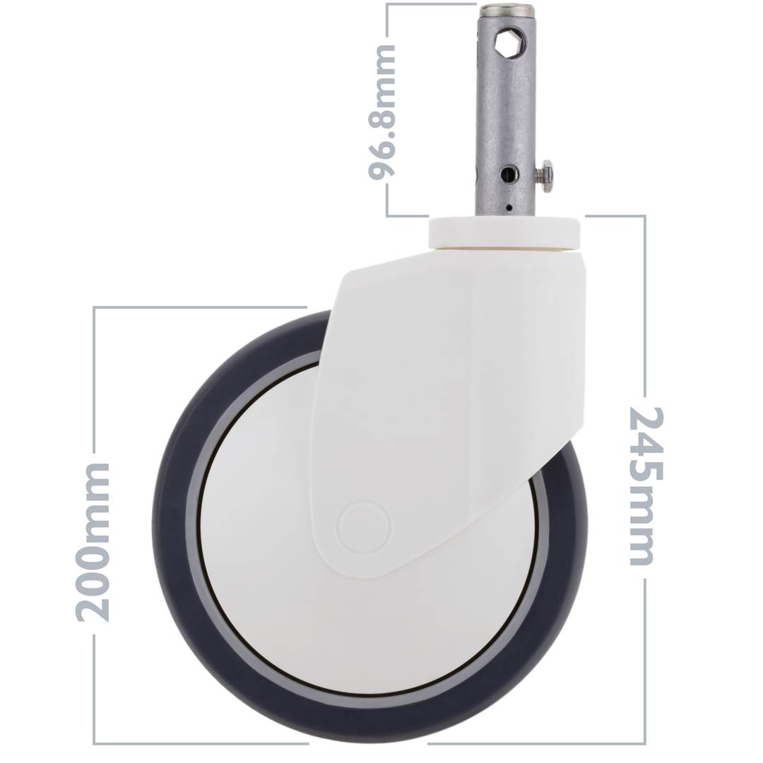 Roda pivotant de control central per a llit mèdic, subjecció tipus planç buit 28x96,8mm, 200x35x245mm