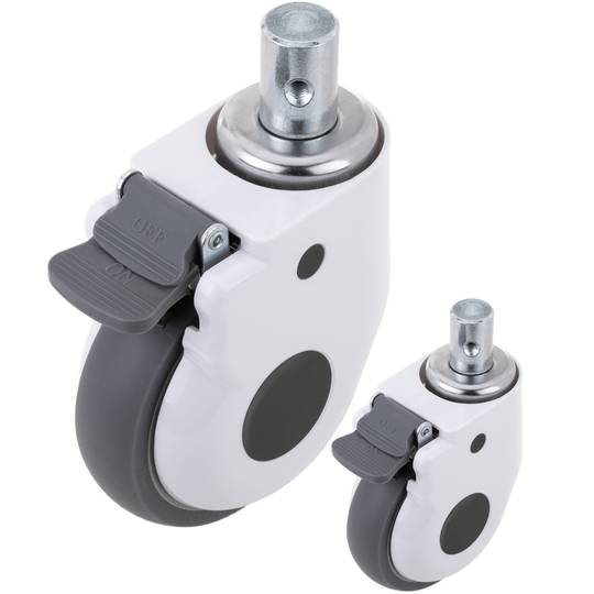 Rodes pivotants de metall, TPR i ABS per a llit mèdic, fre unidireccional i subjecció tipus plançó buit, 125x32x158mm 2-pack