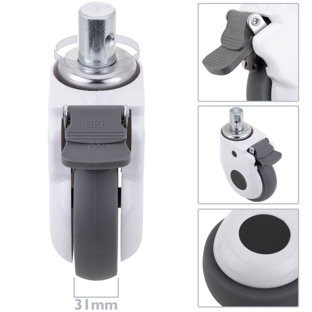 Rodes pivotants de metall, TPR i ABS per a llit mèdic, fre unidireccional i subjecció tipus plançó buit, 125x32x158mm 2-pack