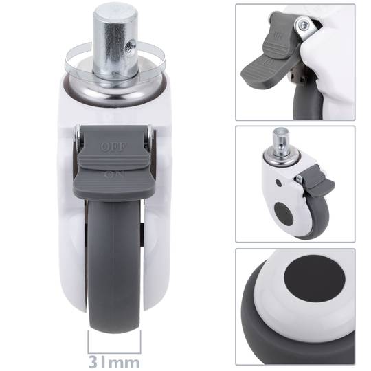 Rodes pivotants de metall, TPR i ABS per a llit mèdic, fre unidireccional i subjecció tipus plançó buit, 125x32x158mm 2-pack