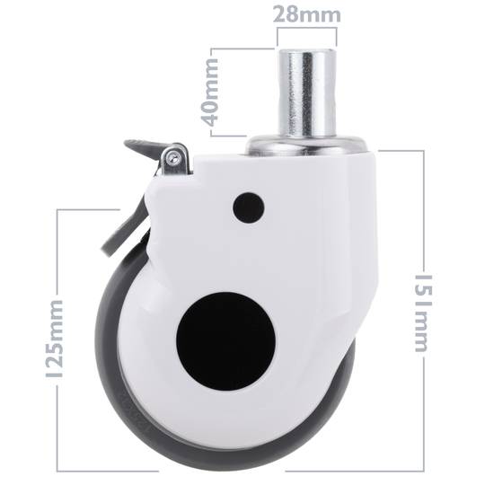 Rodes pivotants de metall, TPR i ABS per a llit mèdic, fre unidireccional i subjecció tipus plançó buit, 125x32x158mm 2-pack