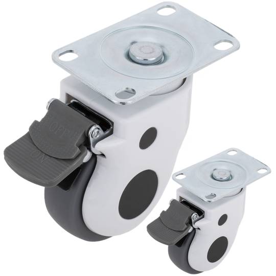 Rodes pivotants de metall, TPR i ABS per a llit mèdic, fre unidireccional i subjecció tipus placa, 75x32x108mm 2-pack