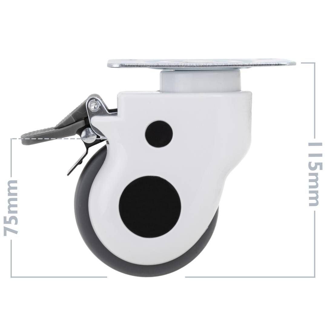 Rodes pivotants de metall, TPR i ABS per a llit mèdic, fre unidireccional i subjecció tipus placa, 75x32x108mm 2-pack