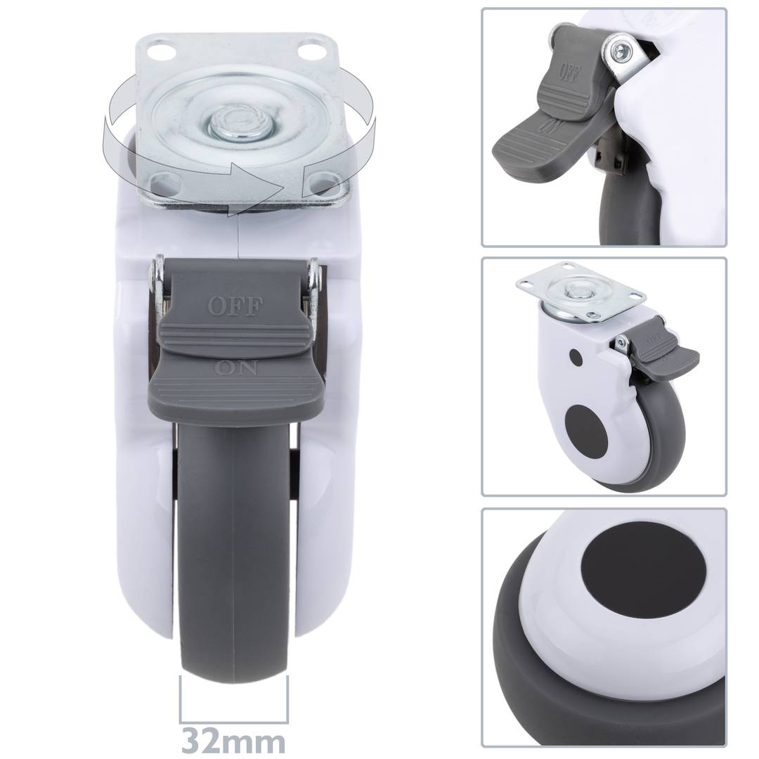 Metal, TPR and ABS Swivel Casters for Medical Bed, One Way Brake and Plate Type Clamping, 100x32x133mm 2-pack