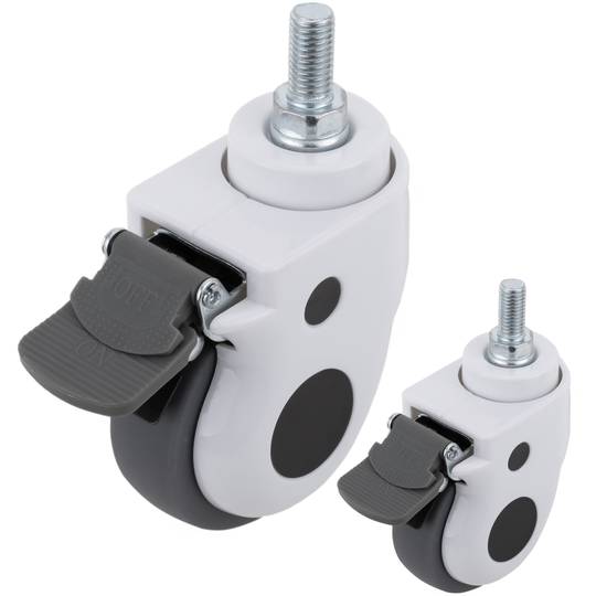 Rodes pivotants de metall, TPR i ABS per a llit mèdic, fre unidireccional i subjecció tipus rosca, 75x32x108mm 2-pack