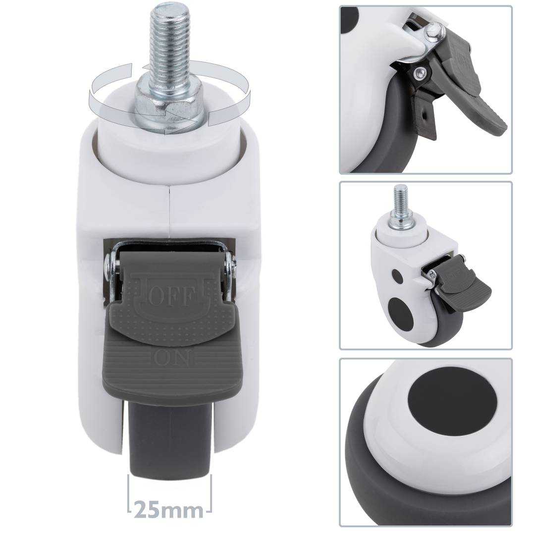 Rodes pivotants de metall, TPR i ABS per a llit mèdic, fre unidireccional i subjecció tipus rosca, 75x32x108mm 2-pack