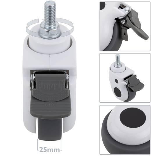 Rodes pivotants de metall, TPR i ABS per a llit mèdic, fre unidireccional i subjecció tipus rosca, 75x32x108mm 2-pack
